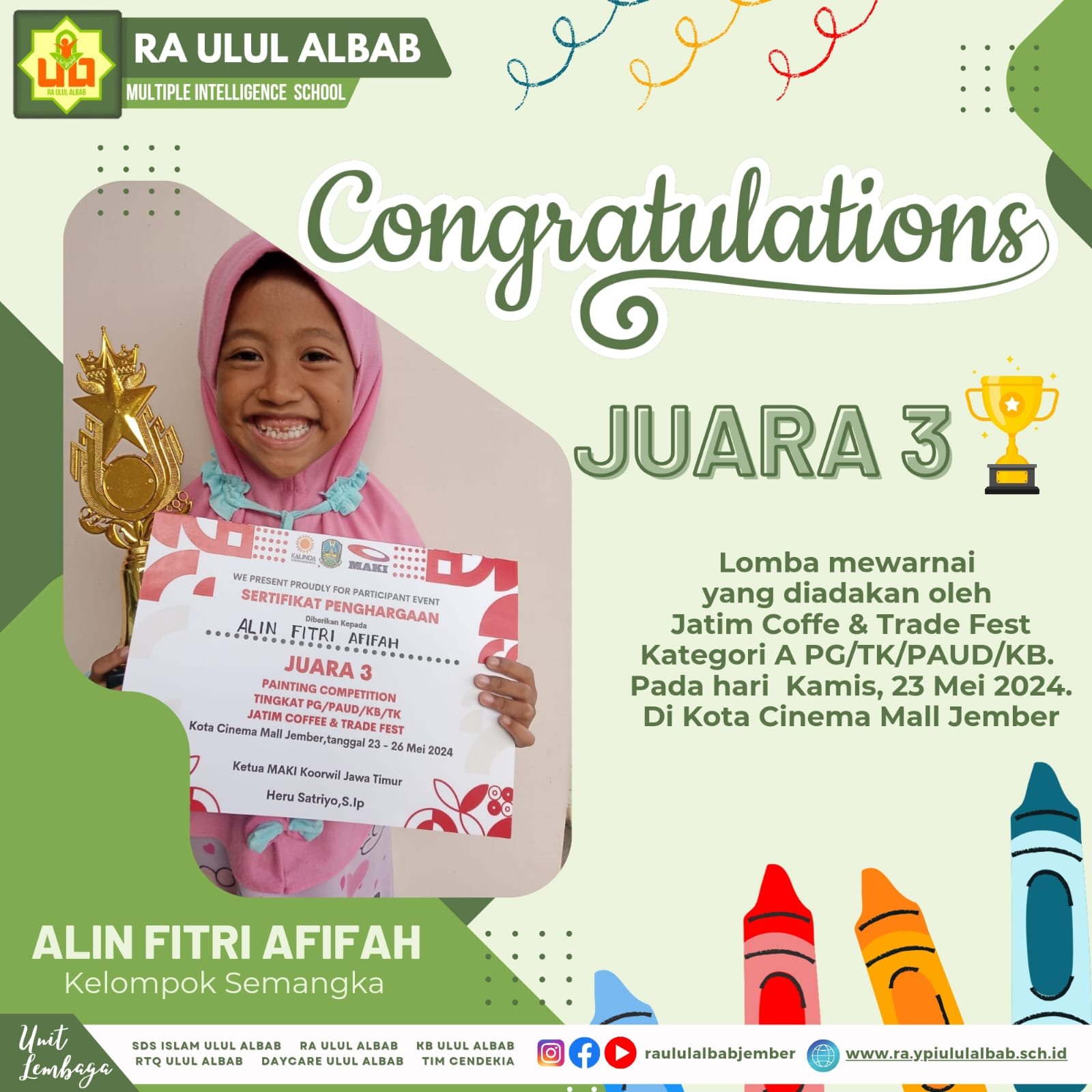 Read more about the article Juara 3 Lomba Mewarnai oleh Jatim Coffe dan Trade Kategori A PG/TK/PAUD/KB.